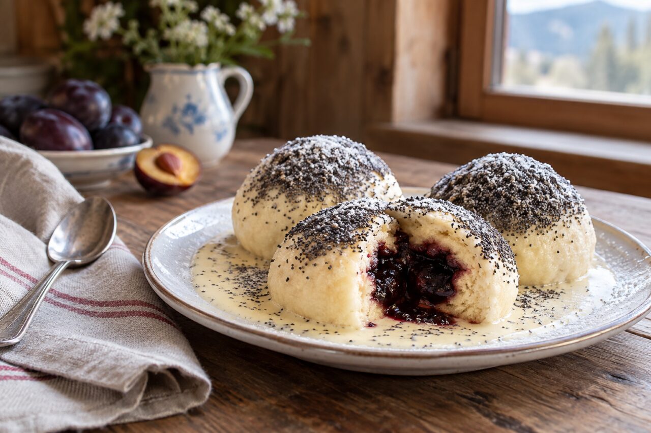 Sur un comptoir de boulangerie, Germknödel autrichiens au pavot et au sucre glace