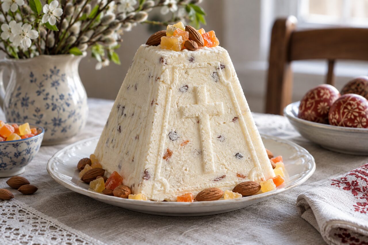 Sur un plat blanc, paskha de Pâques et fruits confits