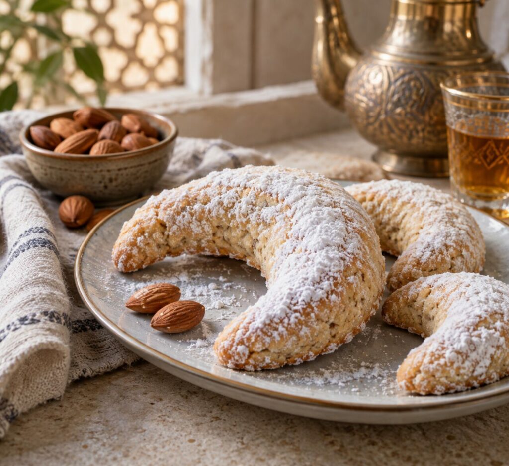On a blue platter, powdered Algerian tcharek el ariane