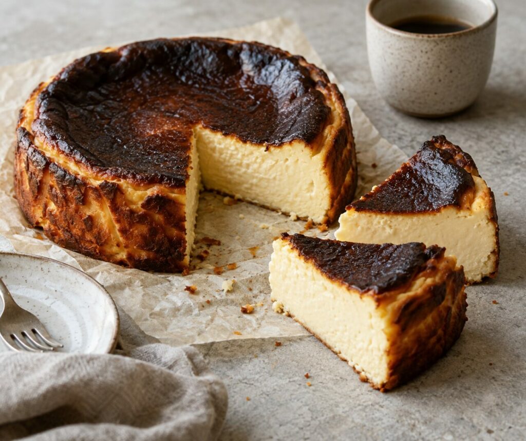 On a white stand, Basque burnt cheesecake with a dark caramelized top