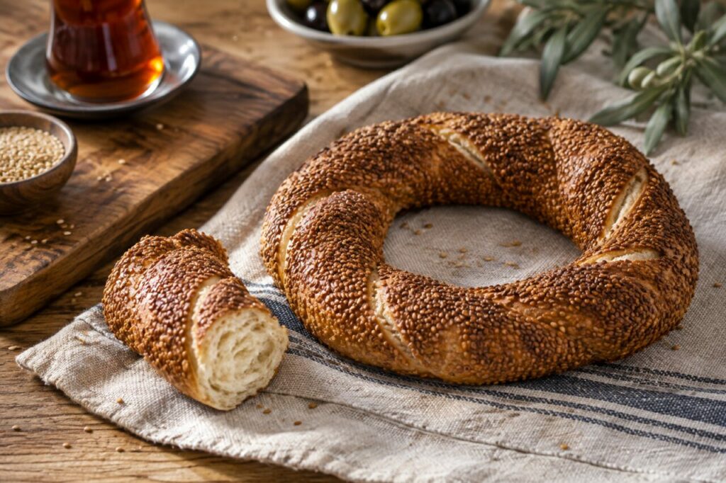 Sur un présentoir blanc, simit turcs au sésame à la croûte dorée