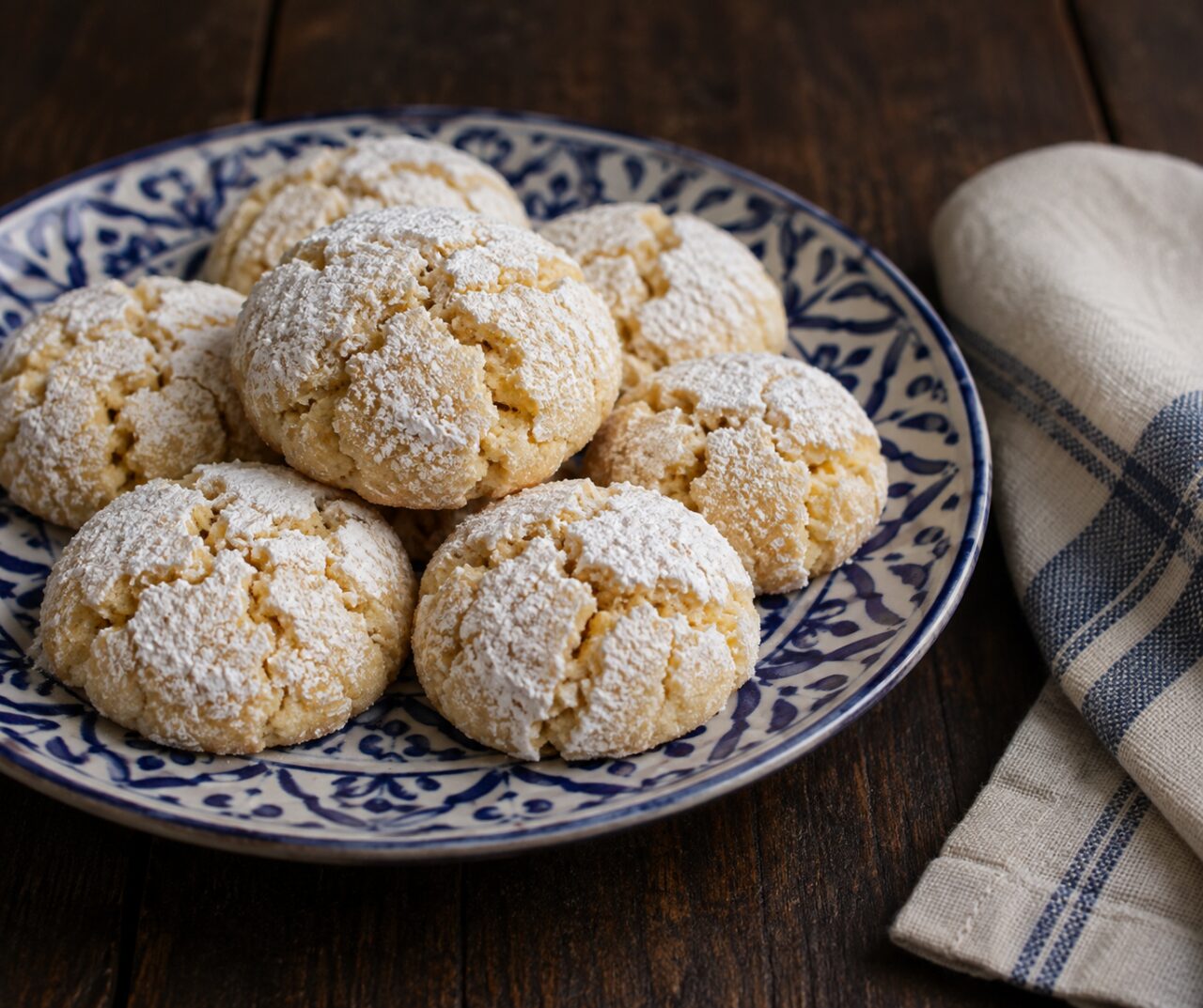 On a blue plate, Moroccan almond ghoriba dusted with sugar