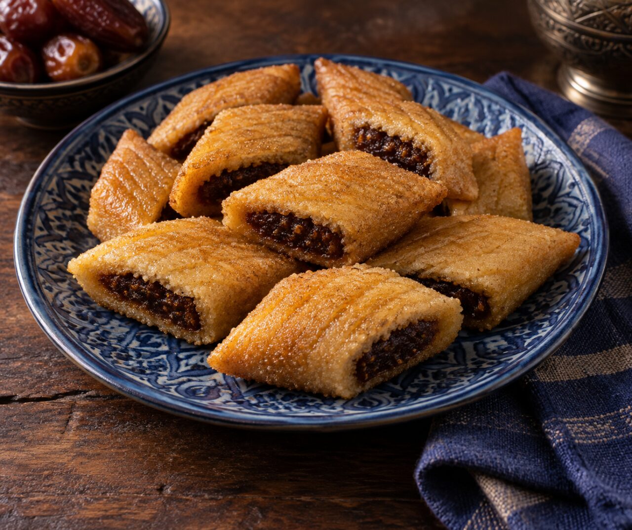 On a blue plate, Moroccan date-filled makroud with golden semolina
