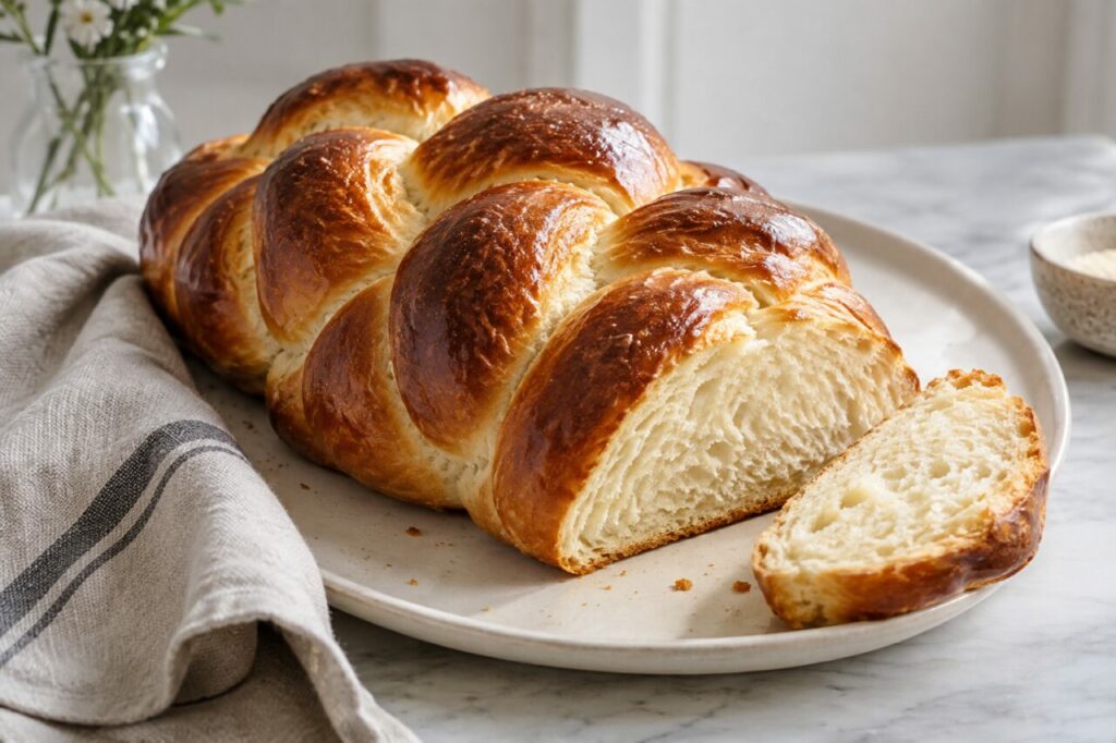 Sur une assiette en céramique, challah tressée et mie claire