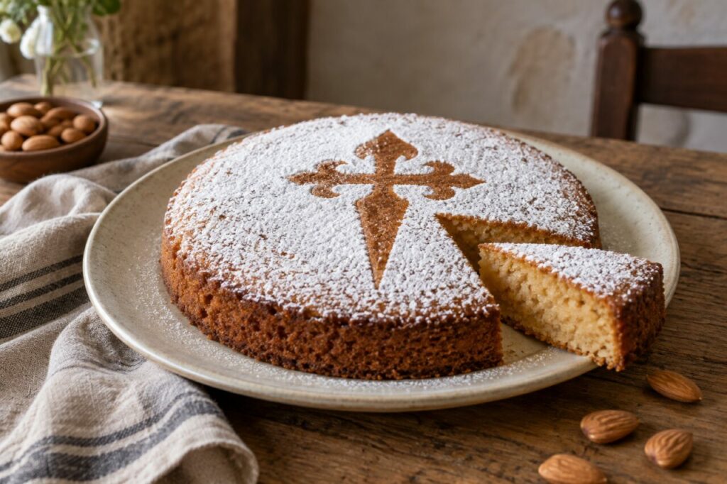 Num prato de grés, tarta de Santiago galega de amêndoa