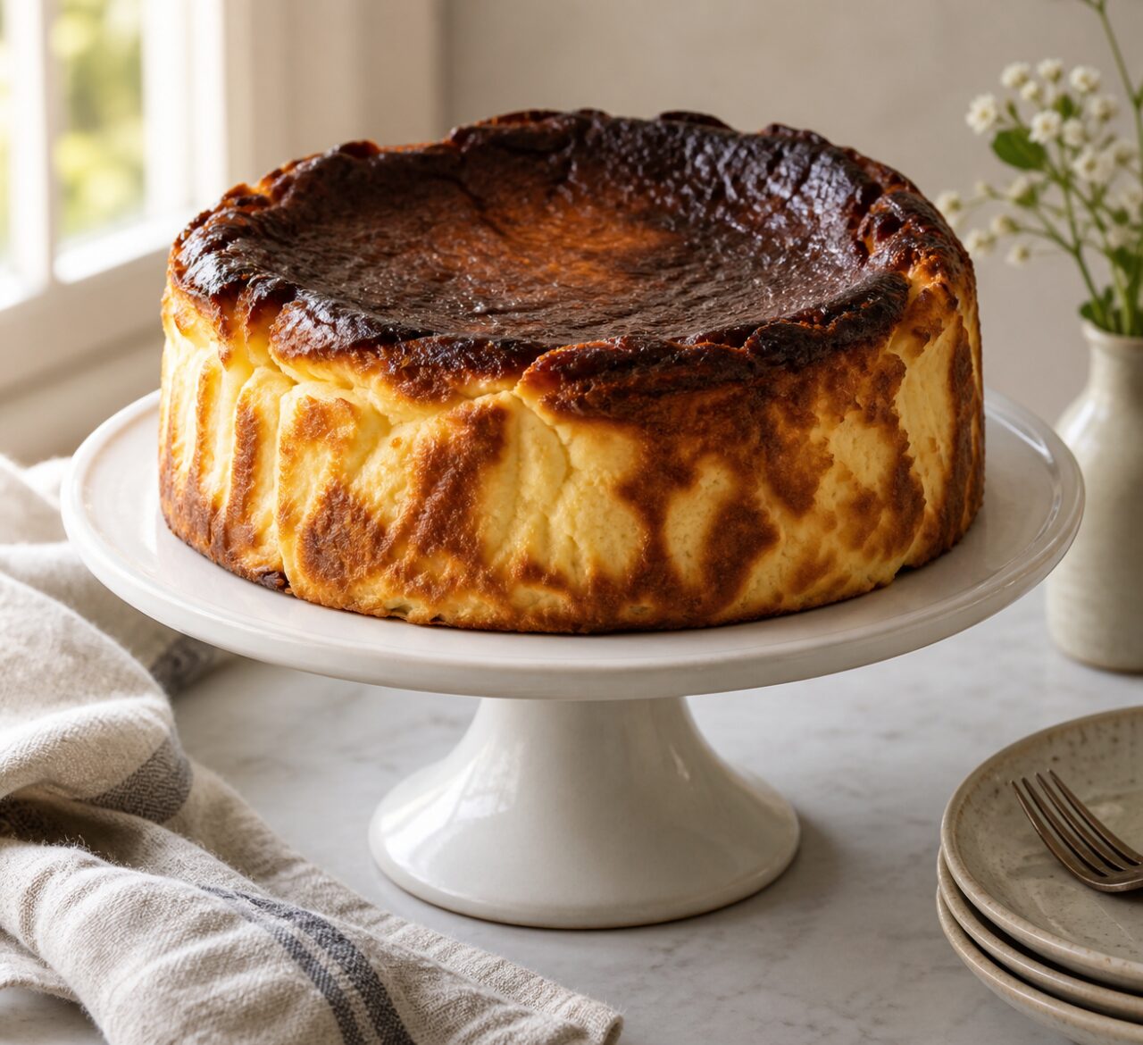 Sur une dalle claire, cheesecake basque brûlé entier et parts découpées