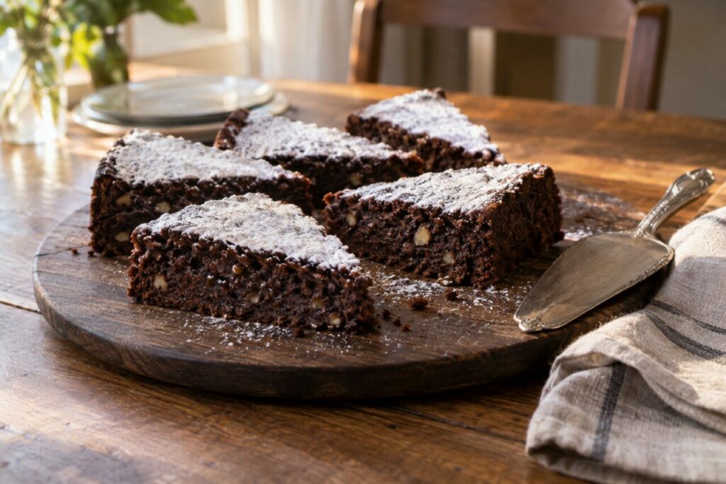 Dark board with chocolate almond torta caprese slices and powdered sugar