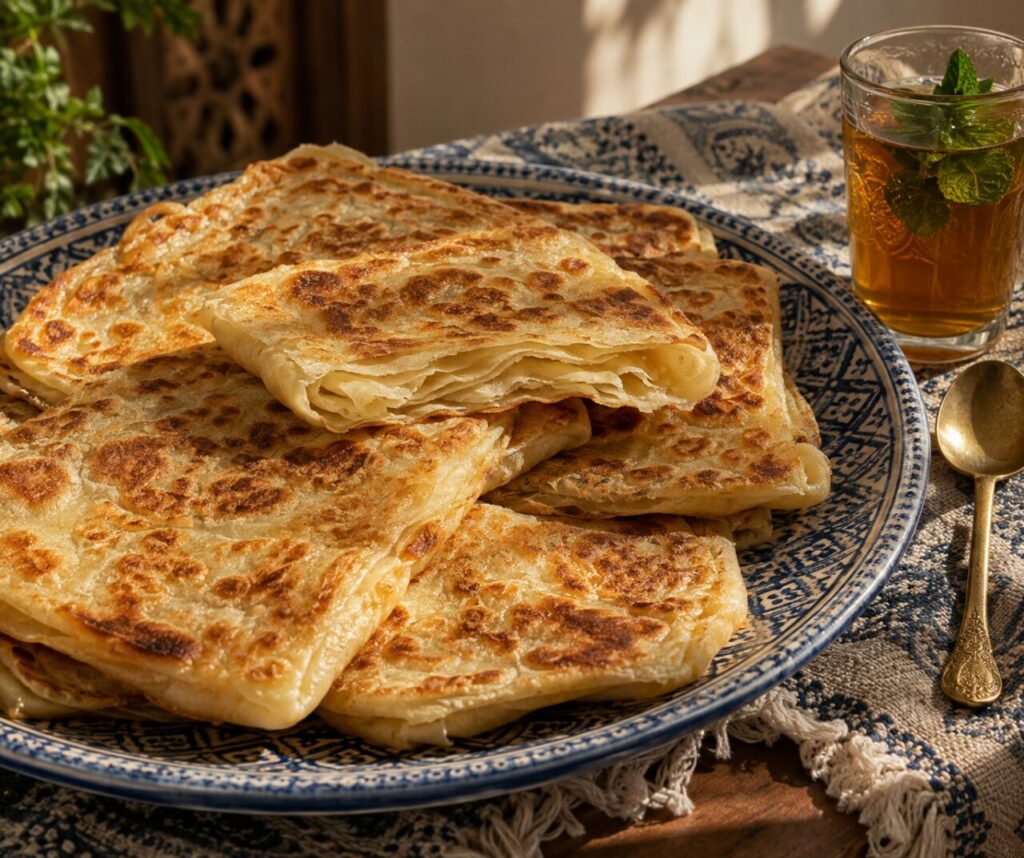 Sur une table de petit déjeuner, msemen marocain doré sur assiette en céramique