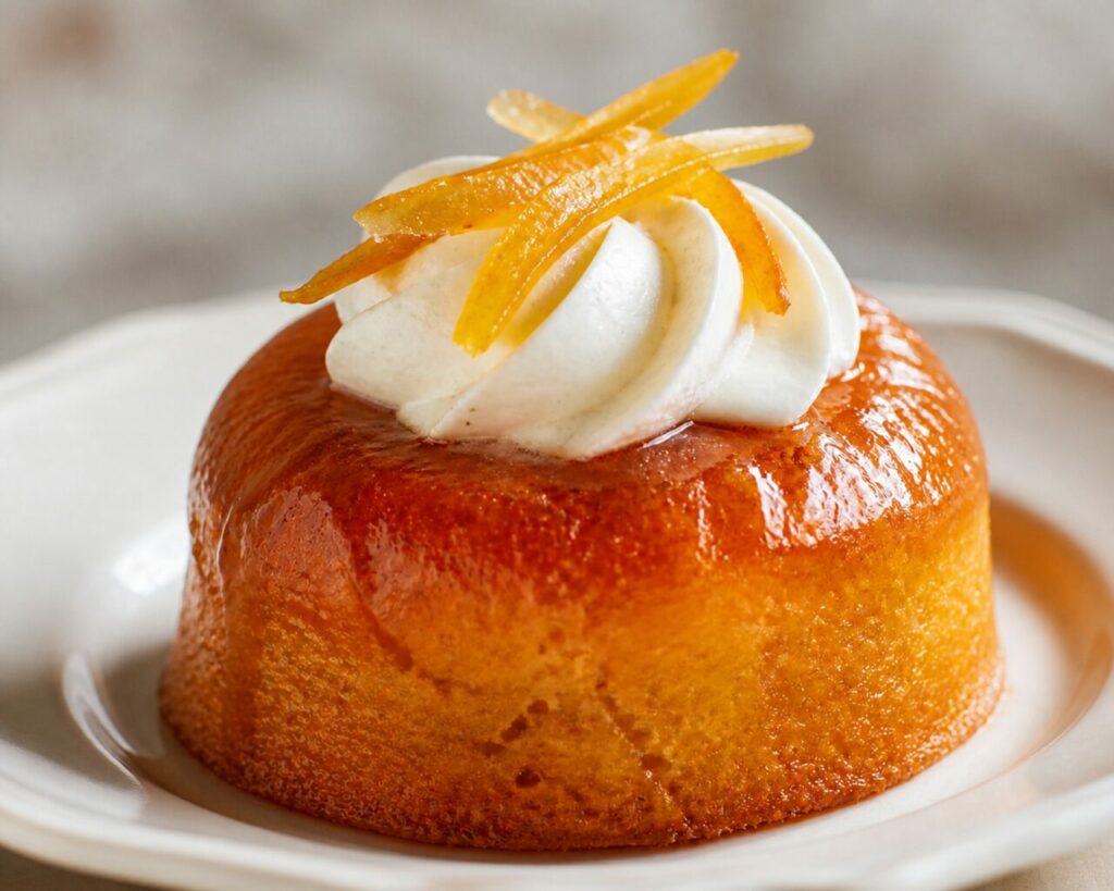 Superficie ambrata del savarin all’albicocca con agrumi canditi