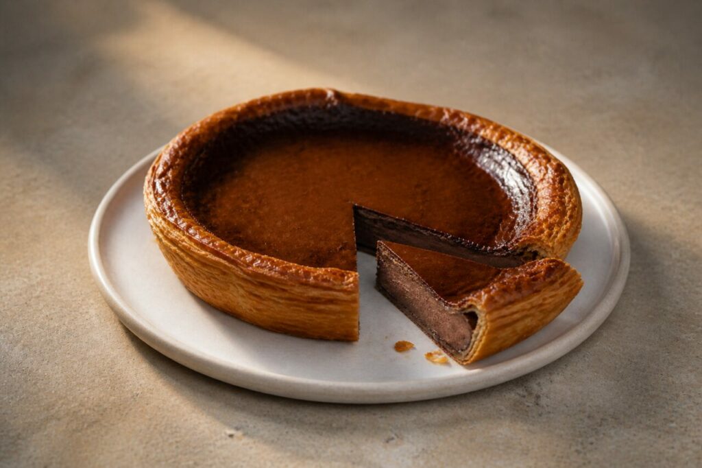 Superficie caramelizada del flan pastelero de chocolate negro