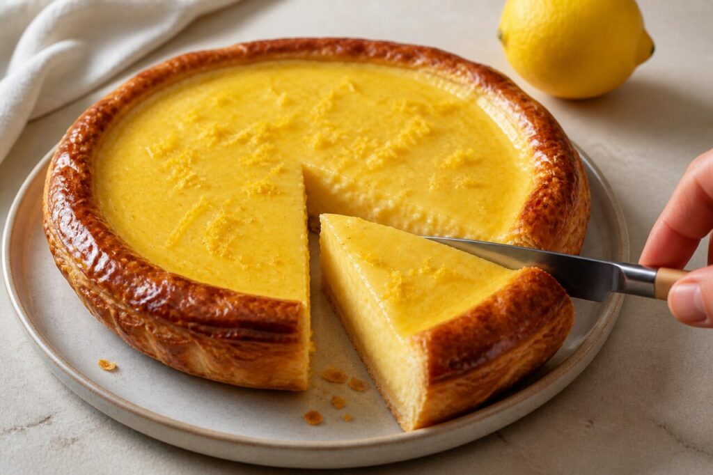 Satin filling defines the freshly sliced lemon French custard tart