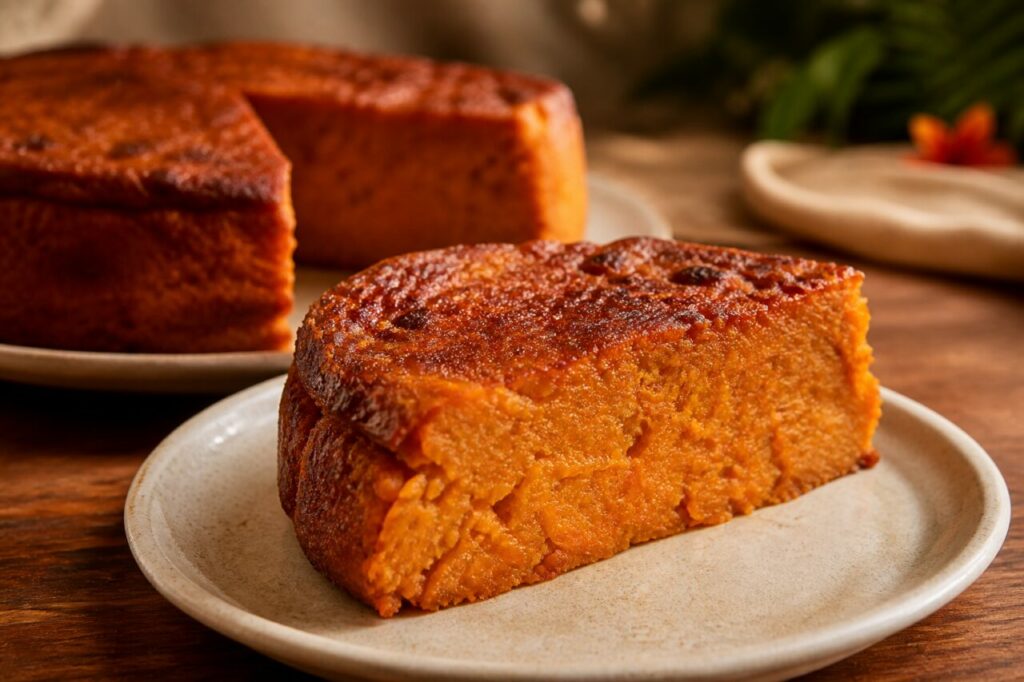 Porción de sweet potato pudding caribeño especiado