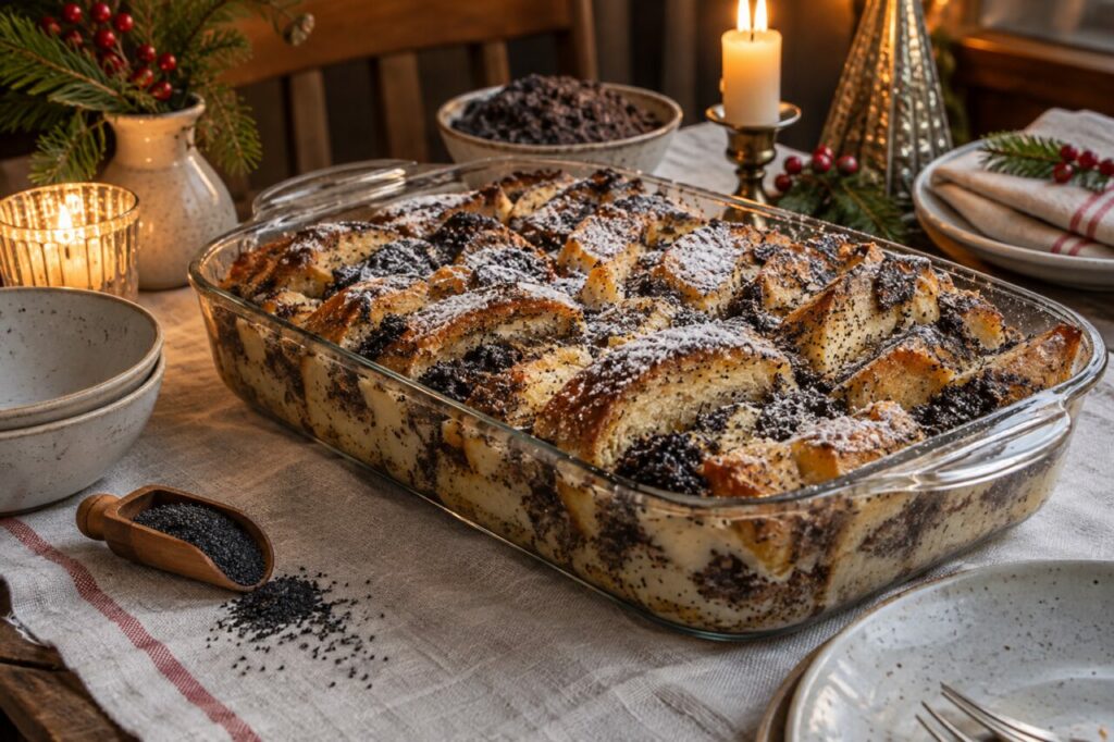Table hongroise festive avec mákos guba, sucre glace et pavot