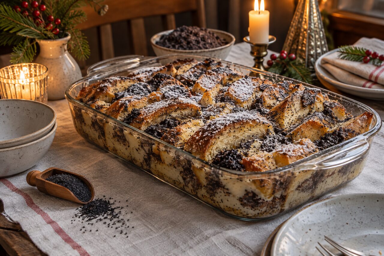 Table hongroise festive avec mákos guba, sucre glace et pavot