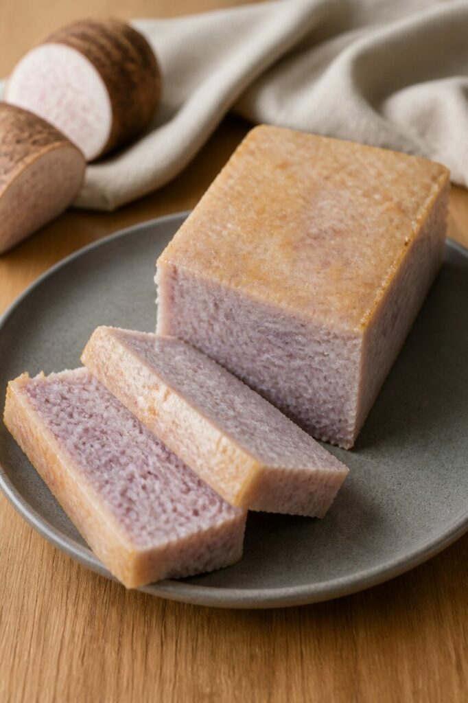 Taro cake sucré taïwanais, gâteau violet dense en tranches sur assiette grise