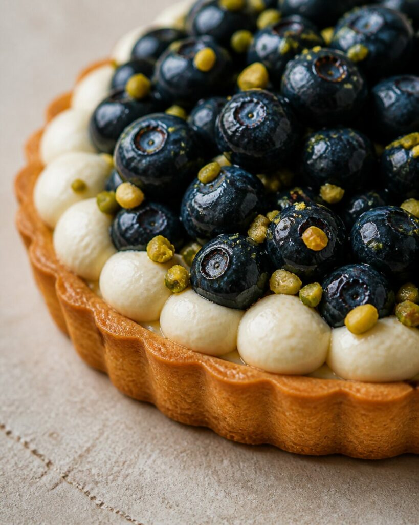 Crème et fruits au bord de la tarte aux myrtilles