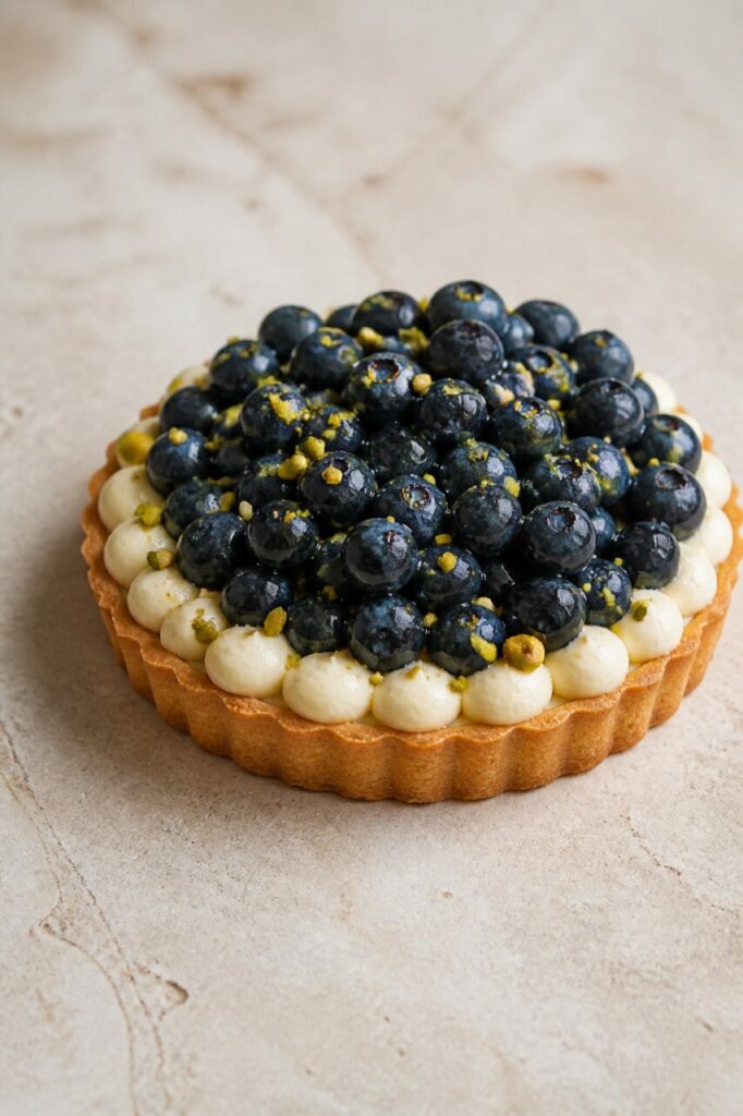 Tarte aux myrtilles et pistaches prête à servir