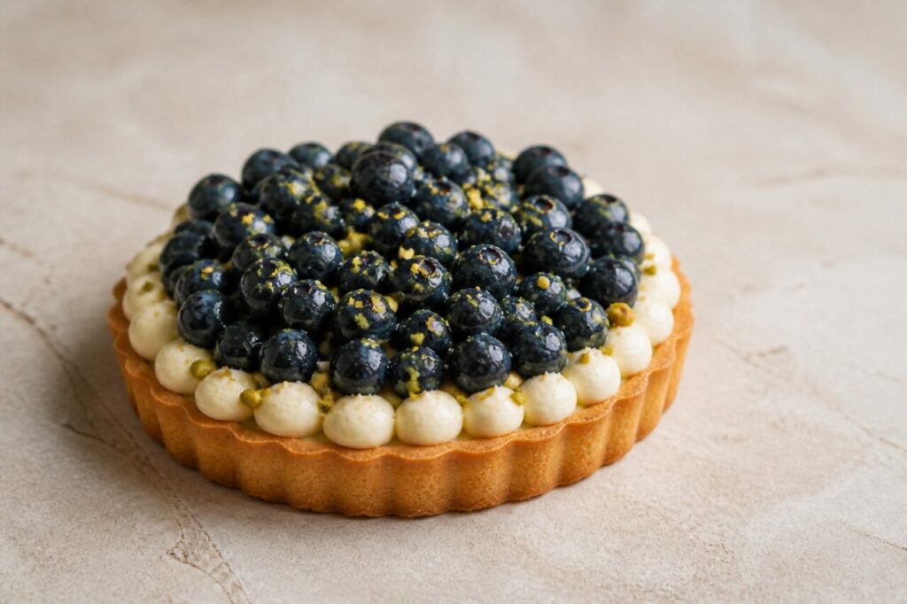 Myrtilles posées sur le fond de tarte doré