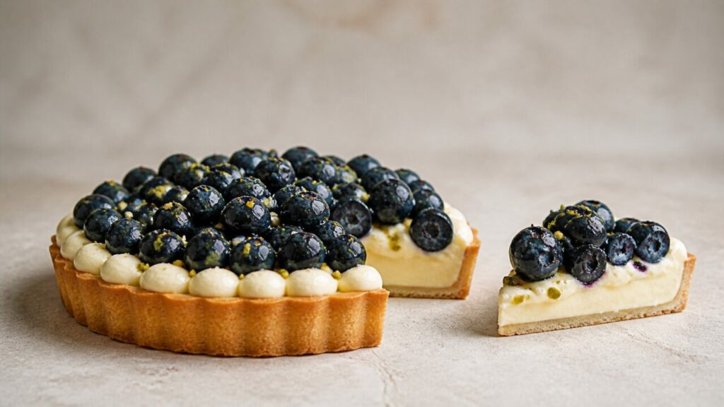 Porção de tarte de mirtilos e pistácio servida à parte