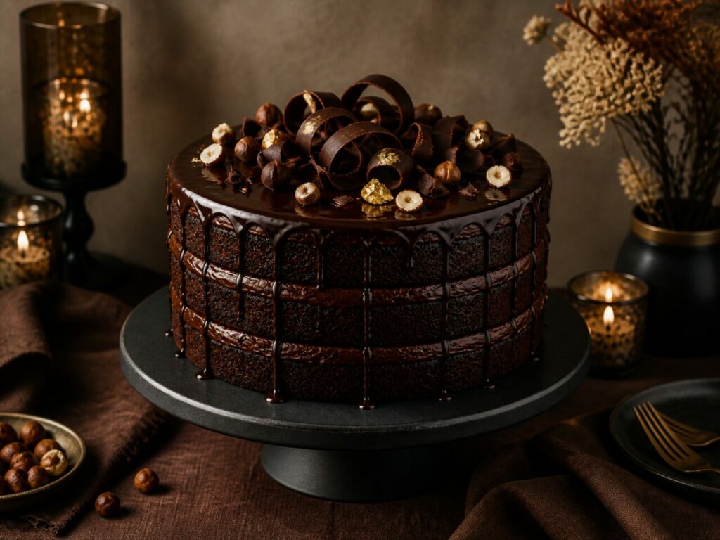 Gâteau d’anniversaire chocolat, noisettes grillées
