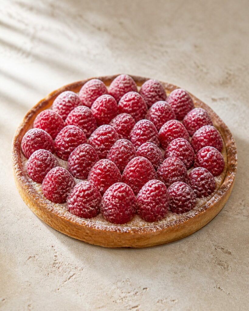 Framboesas alinhadas sobre toda a tarte fina
