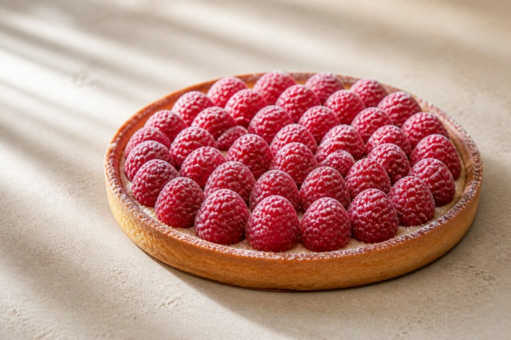 Luz suave sobre uma tarte fina de framboesa