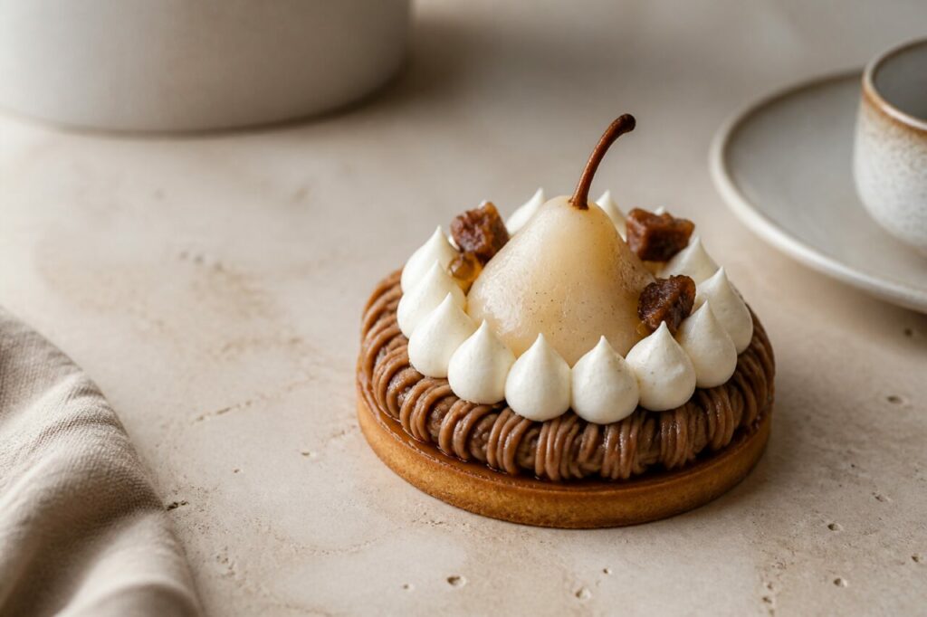 Uma pera inteira coroa o Mont-Blanc de castanha