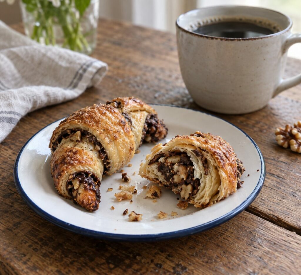 Tasse de café près de rugelach sur une assiette émaillée, dont un cassé