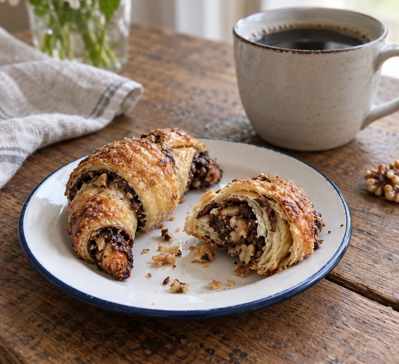 Tasse de café près de rugelach sur une assiette émaillée, dont un cassé