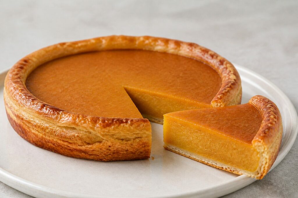 Técula mécula d’Extremadura, tarte basse jaune ambré avec part coupée sur assiette ivoire