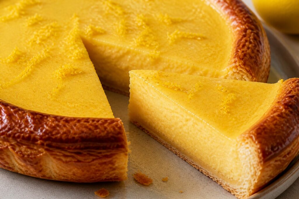 Firm lemon custard in a generous wedge of French custard tart