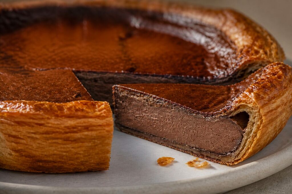 Crema densa de chocolate en la porción de flan pastelero