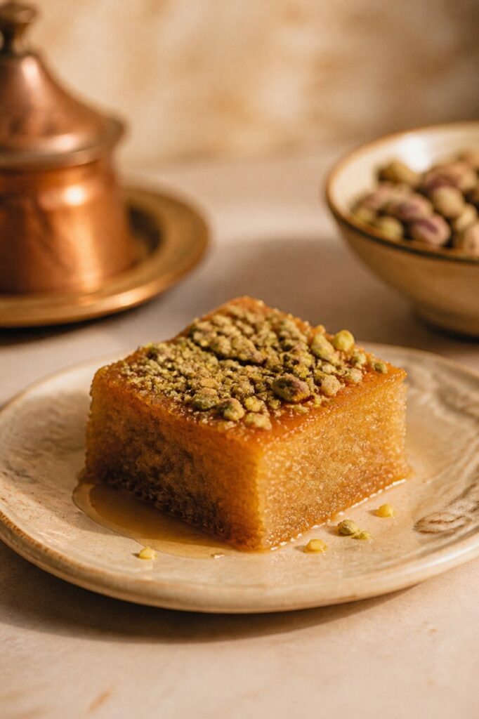 Moist fine crumb defines the pistachio hareeseh slice