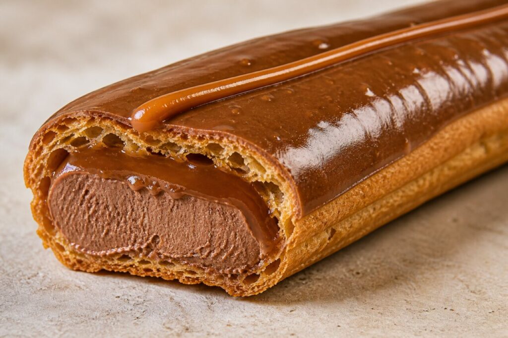 Holle soes en giandujaroom in het doorgesneden éclair