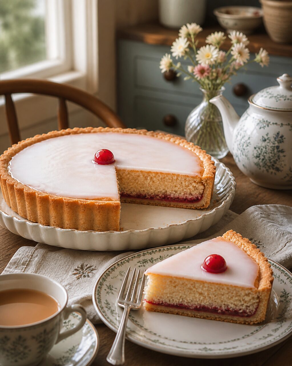 Una fetta di torta Bakewell accanto alla finestra
