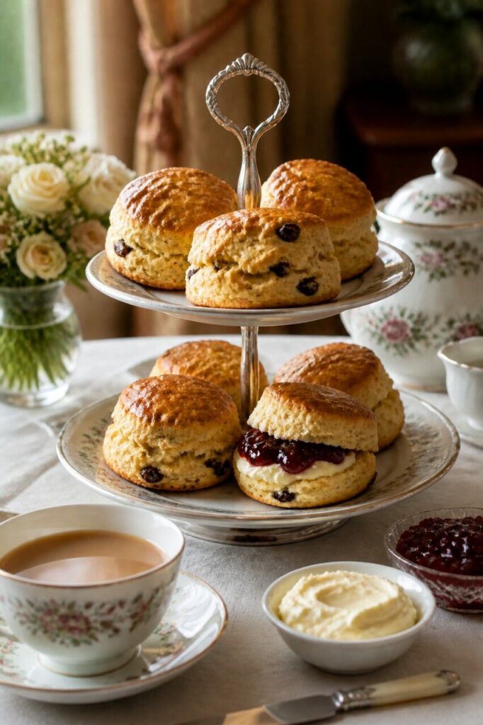 Tè al latte servito con gli scone all'uvetta