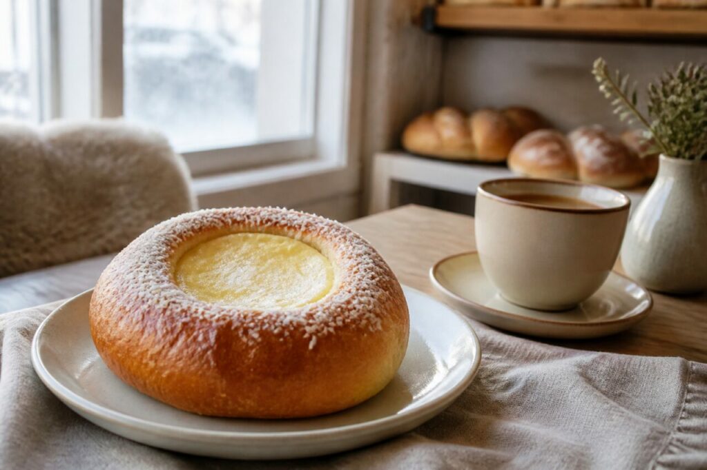 Thé et skolebrød norvégien garni de crème et de coco