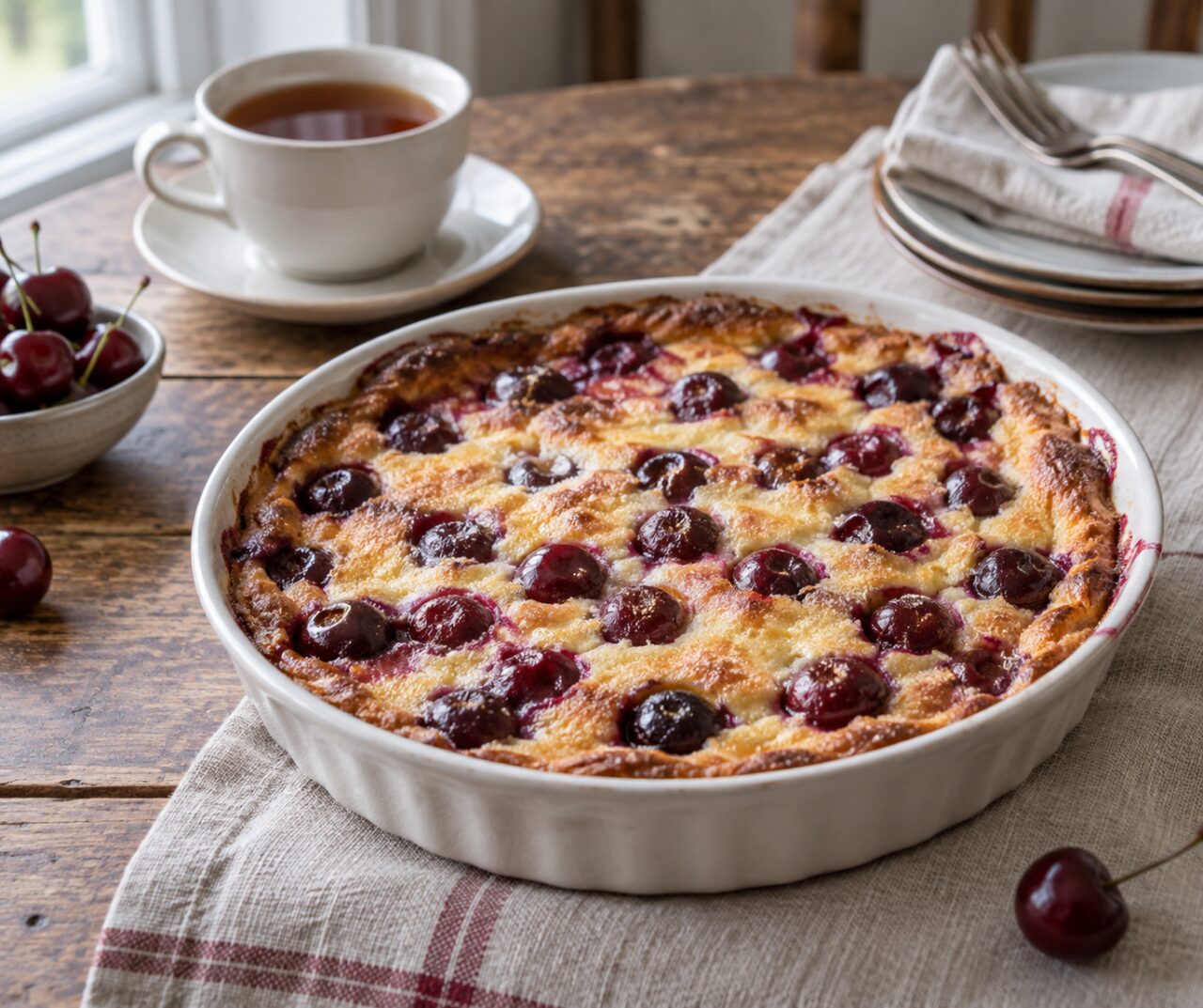 Thé près du clafoutis aux cerises sur table en bois