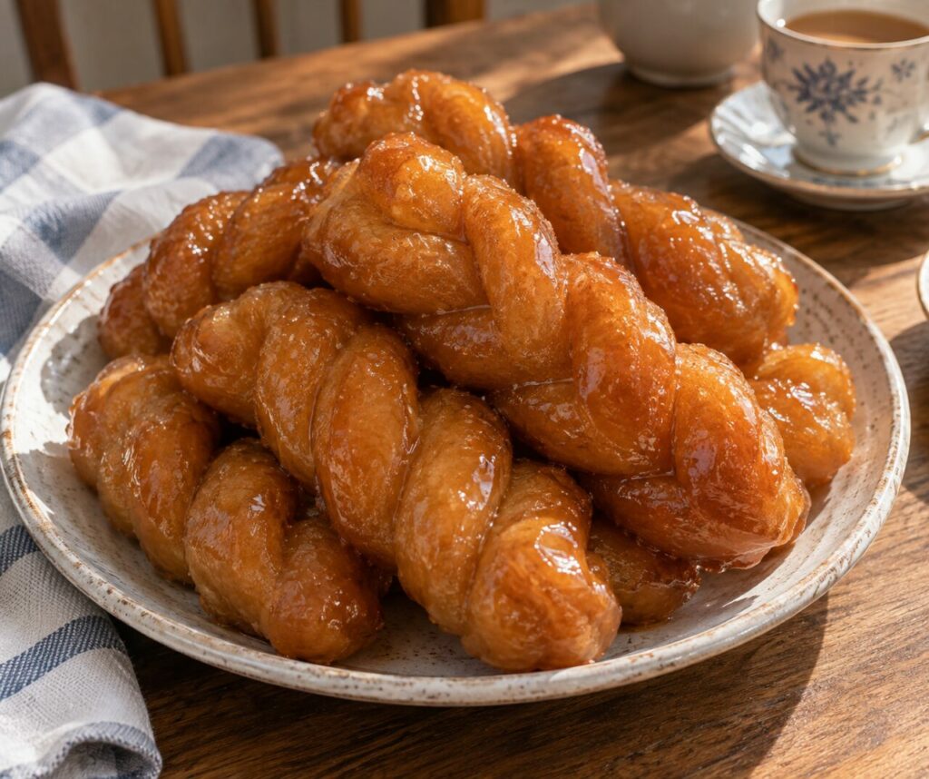 Tea service with syrup-soaked South African koeksisters