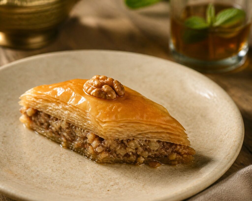 Thé sombre servi avec le baklava triangulaire aux noix