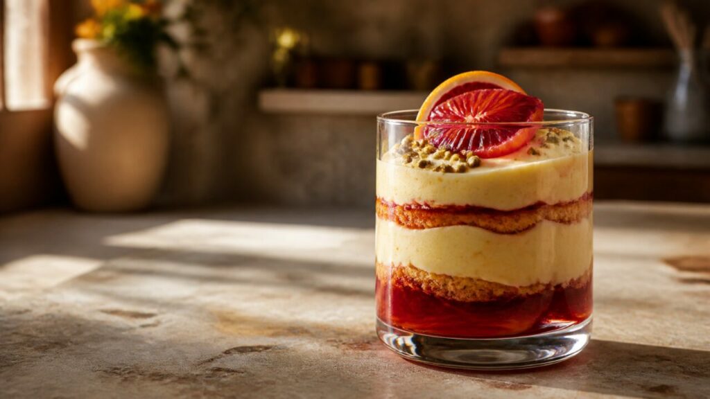 Tiramisu à l’orange sanguine servi dans une cuisine lumineuse