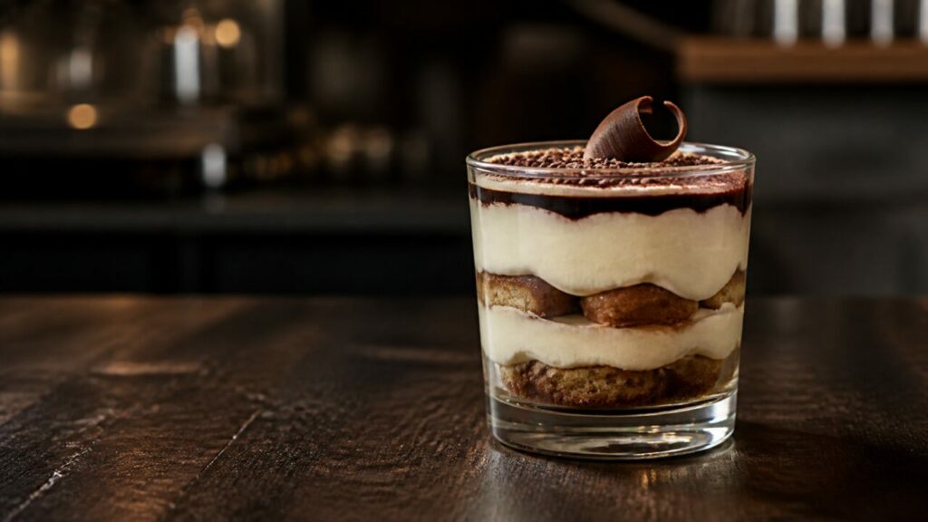 Tiramisù de café-tonca e chocolate sobre uma mesa de madeira escura