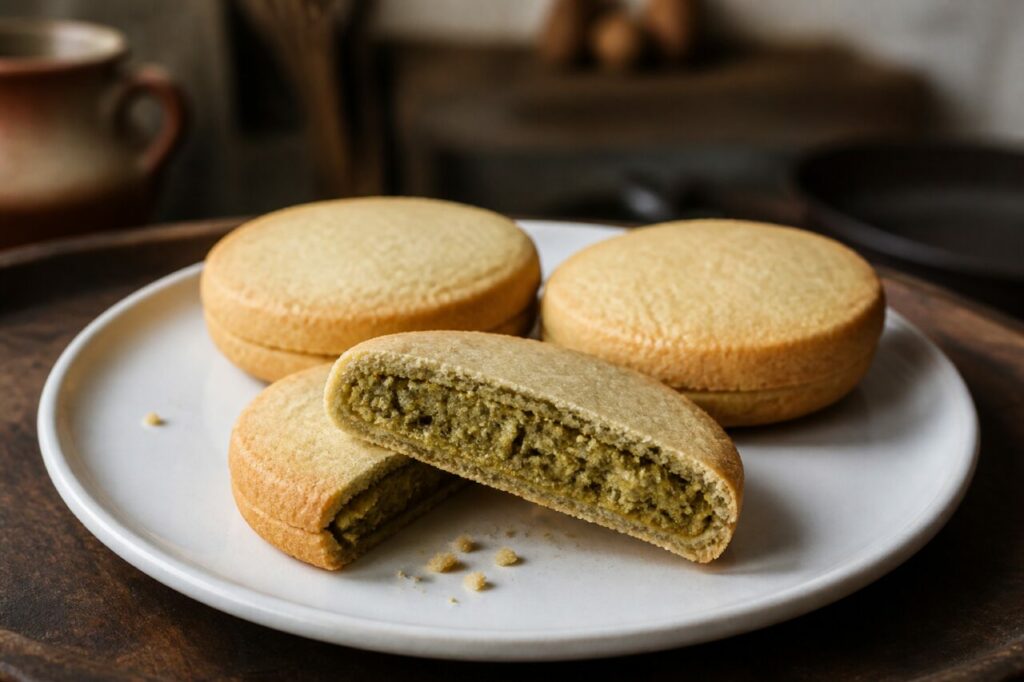 Tortitas de Santa Clara de Puebla, biscuits ronds au dulce de pepita à cœur vert sur assiette blanche