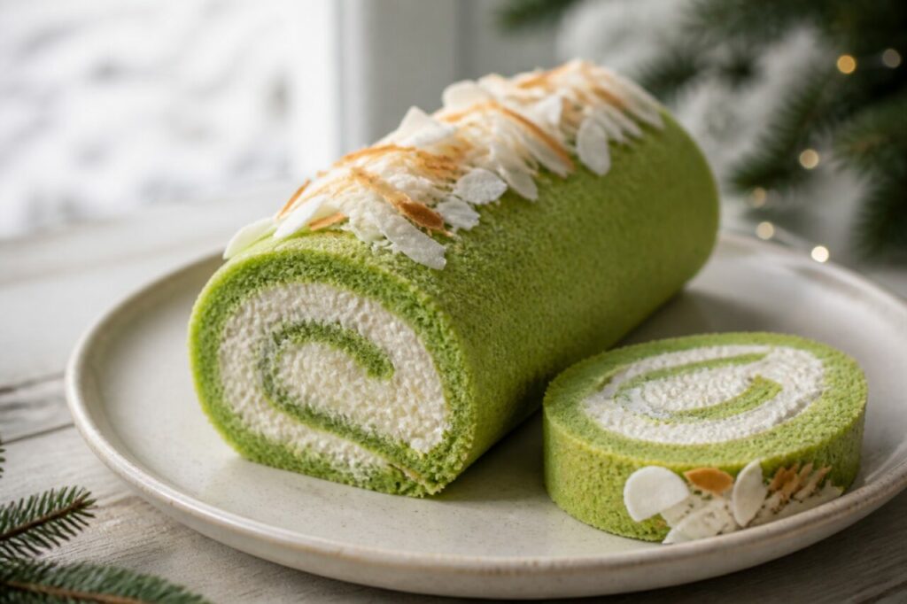 Neat cream coil inside the pandan coconut roll cake
