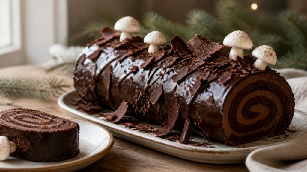 A separate slice reveals the rolled layers of the dark chocolate yule log