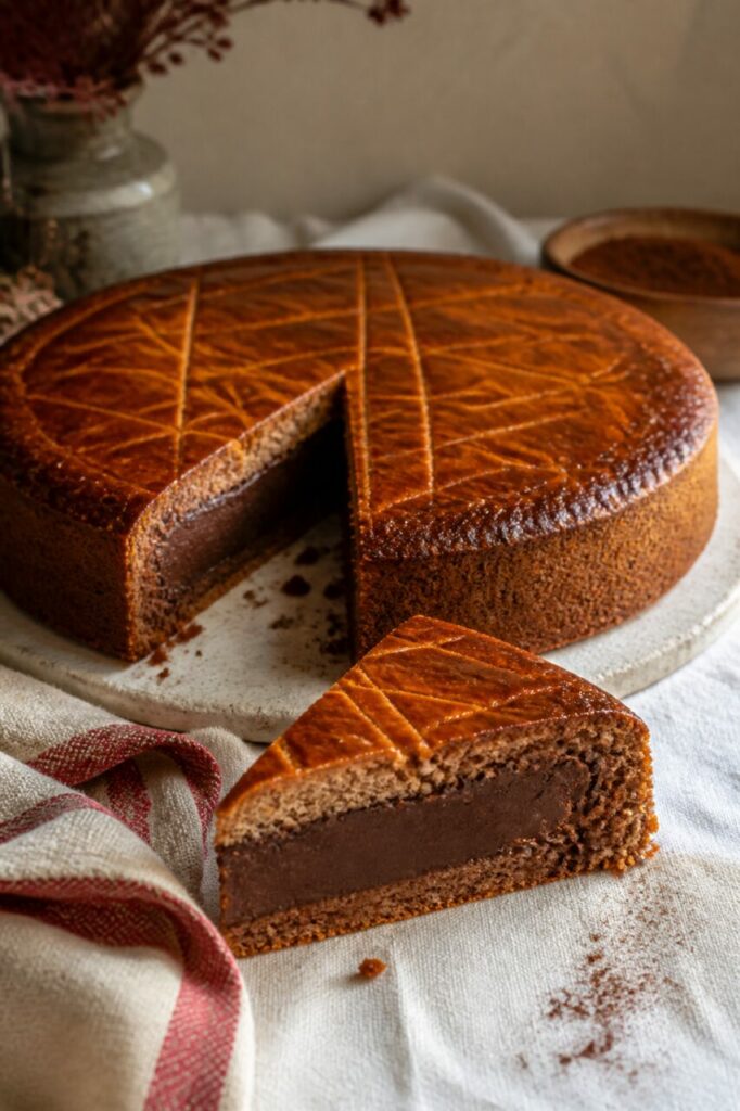 Tranche généreuse révélant la garniture du gâteau basque au chocolat
