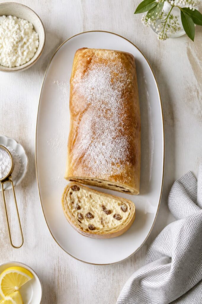 Fetta generosa separata dal topfenstrudel spolverato di zucchero