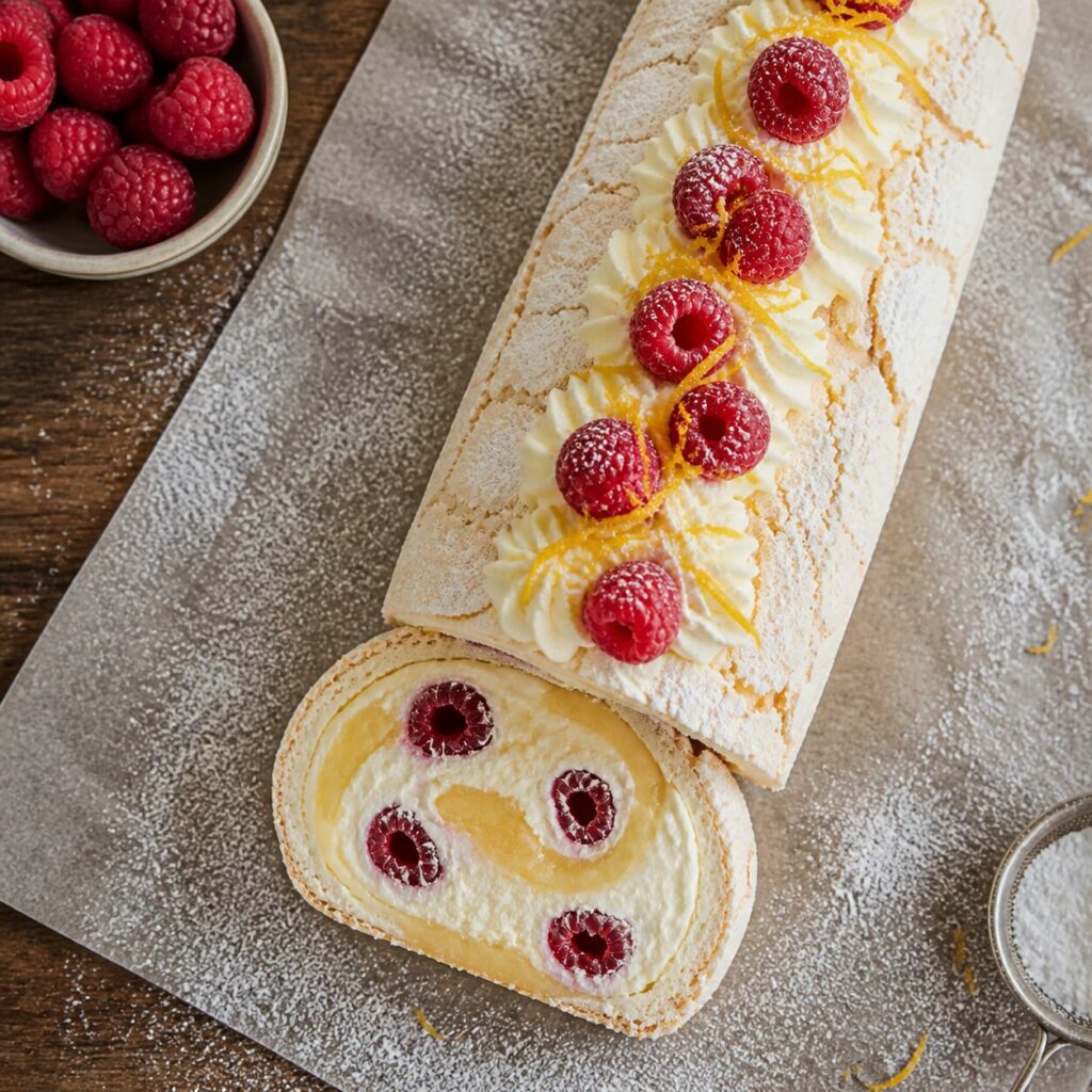 Fetta singola del rotolo di meringa al limone