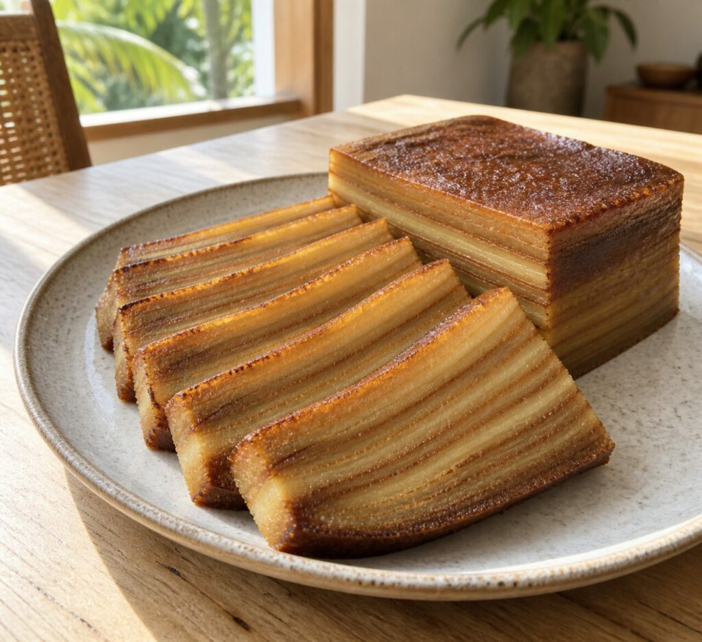 Sliced bebinca arranged beside a bright window