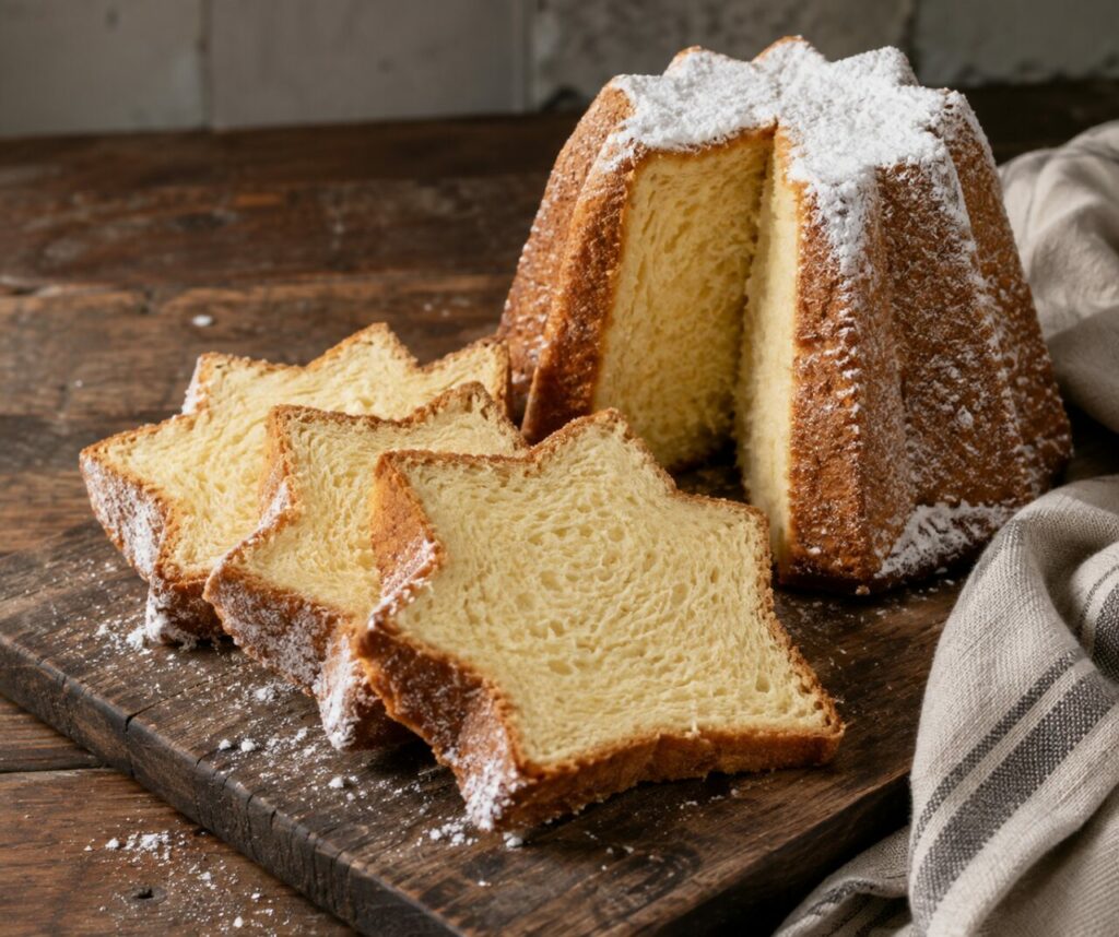 Tranches de pandoro italien sur planche sombre avec linge à carreaux